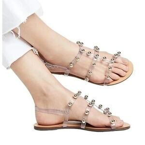 Schutz Yarin Studded Pearl Jelly Clear Beachy Flat Buckle Strap Sandals Size 8.5